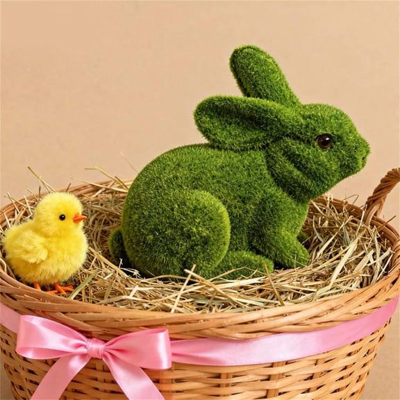 WWG Easter Flocked Bunny Rabbit Figurine with Moss Base, Cute Spring Decor for Desktop Shelf Mantel Party Centerpiece, 4 Inch