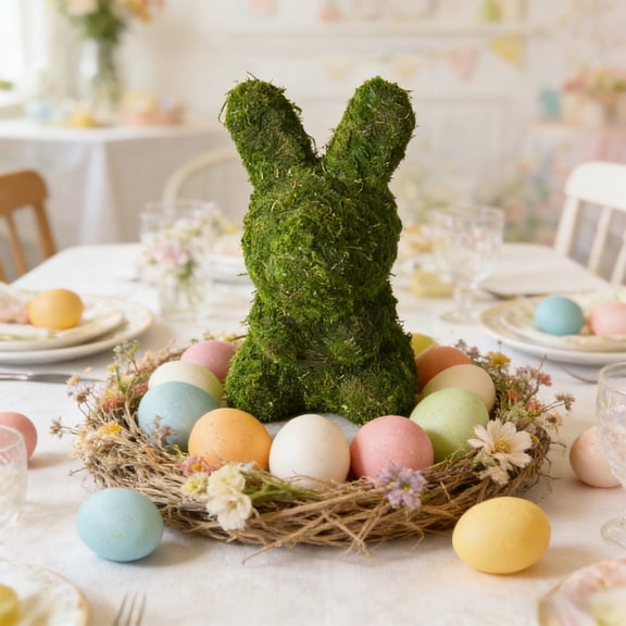 WWG Easter Green Moss Ornament Foam Bunny Bear Figure Covered with Simulated Lichen Home Garden Decoration Natural Style Tabletop Decor for Spring Holiday Size 8.66x6.69x4.72 inch
