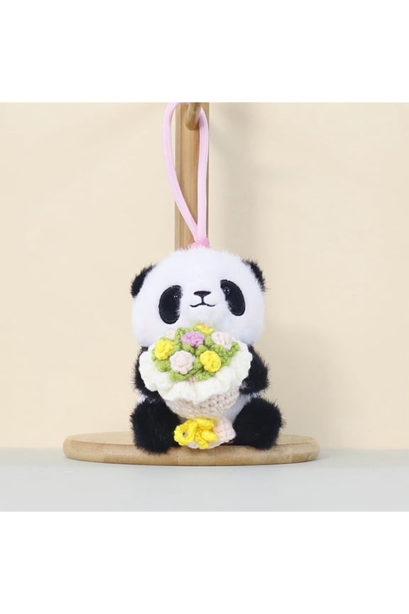 Embracing Roses Panda Pendant Plush Toy Doll, 4.72x4.33x3.15in Cute Bear Holding Crochet Flower Bouquet Keychain, Proposal Gift Decoration, Short Plush Material 4 Colors