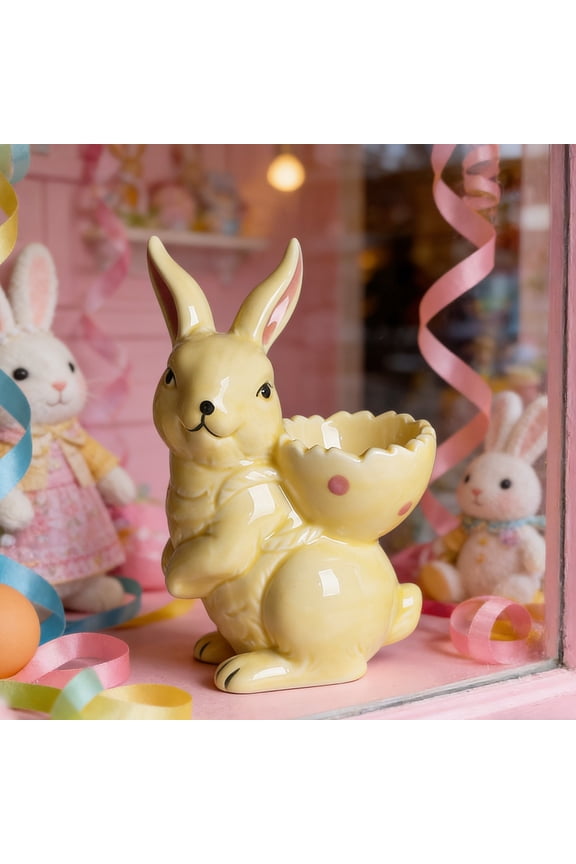 Hand Painted Ceramic Easter Bunny Egg Holder, Back Carrying Rabbit Figurine Egg Cup Stand for Tabletop Mantel Display, Festive Home Party Prop
