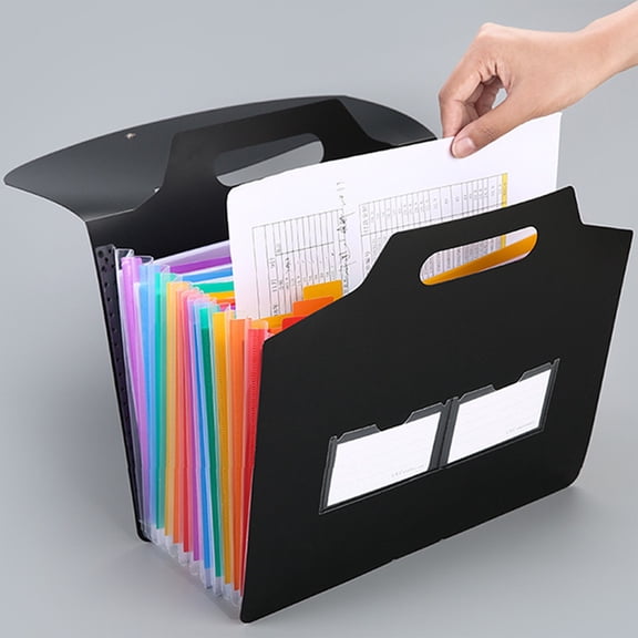 WWG Handheld Flip Organ Bag Three Side Sealed Hanging Rope Folder 13x12x13 Inch Plastic A4 File Organizer with 13 Compartments Business Card Slots for Office Documents