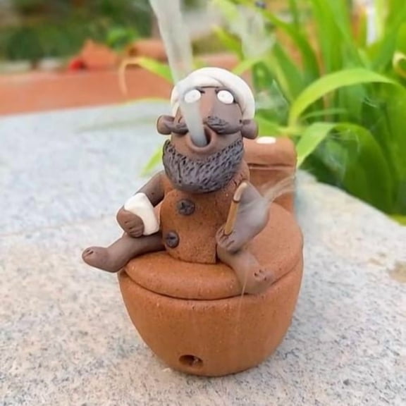 WWG Handmade Funny Old Man Incense Burner - Backflow Incense Holder with Cute Figurine for Home, Office, or Meditation - Terracotta Material & Whimsical Effect - 4 Inches Tall