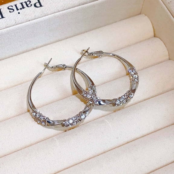 PpgejGEK Hoop Earrings with Zirconia Stones, Valentine's Day Gift Diamond-Like Alloy Earrings, 36mm Diameter Sleek Design for Daily Wear, Available in Silver and Gold Tone, Push-Back Closure