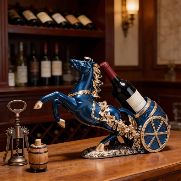 PpgejGEK Horse Carriage Wine Bottle Holder, Success at Hand Metal Wine Rack Decorative Stand, 17.3x8.6x5.5 inches, Resin with Gold Blue Finish, for Home Bar Display Art