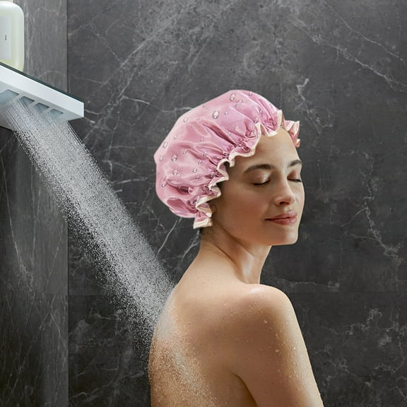 PpgejGEK Household Double-layer Shower Cap Thickened Women Oil Resistant Shampoo Bath Cap 24.5cm/9.6in Diameter Waterproof PEVA
