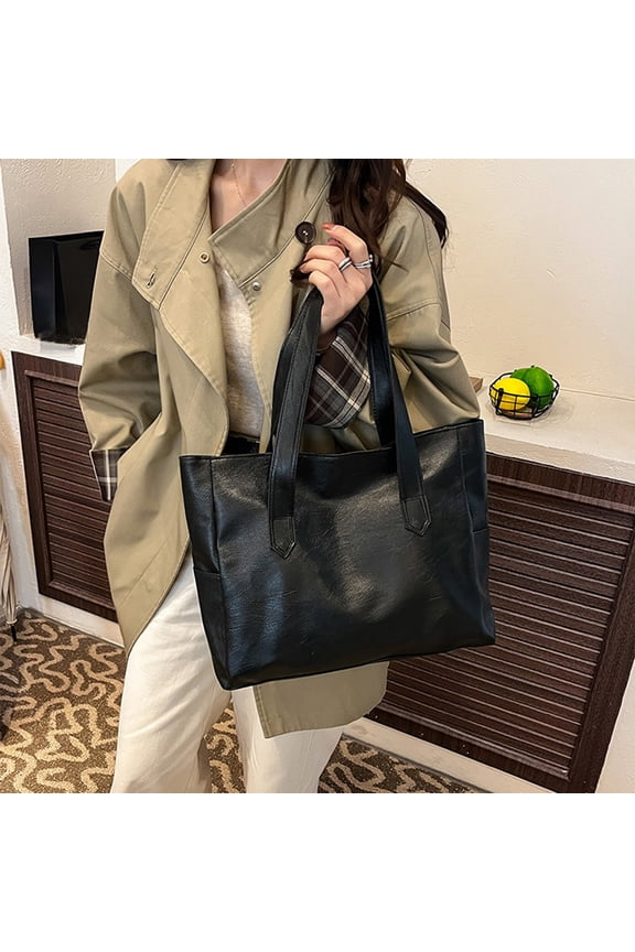 Large Capacity Handbag for Women Polyurethane Leather Simple Striped Shoulder Bag for Shopping Daily Use 12.6x11x5.1 Inch