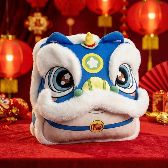 PpgejGEK Lions Dance Plush Plush Toy Auspicious Chinese Cushion with Detachable Blanket Warm Throw for Sofa Festive Home Decor and Gift