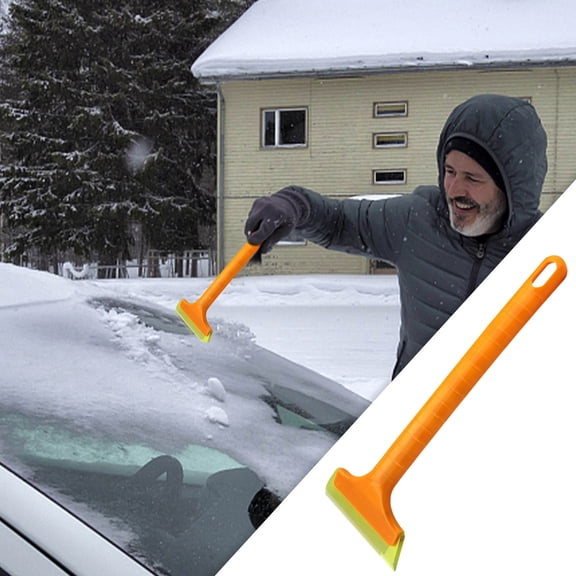 WWG Long Handle Automobile Snow Removal Ice Shovel with Scraper, ABS Plastic Winter Tool for Windshield and Window Cleaning, Orange, 12.99x4.33 Inches