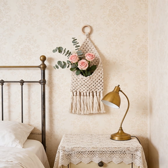 PpgejGEK Macrame Mail Organizer Wall Mounted Handmade Hanging Woven Basket for Keys Magazines Home Office Decor Boho Style Storage Net 56x20cm White Cloth Rope