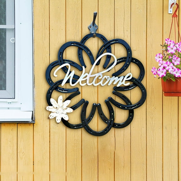 PpgejGEK Metal Horseshoe Wreath with Welcome Sign and Flowers, Outdoor Courtyard Valentine's Day Decoration Craft, Symbolic Romantic Gift, 30cm Diameter