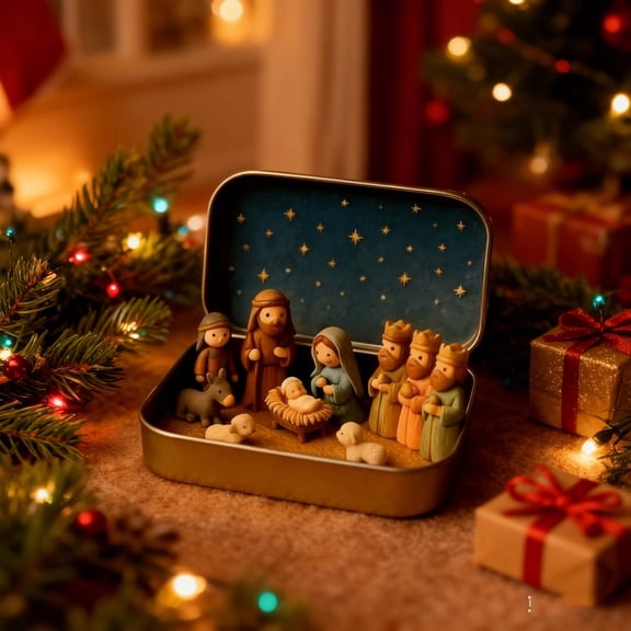 PpgejGEK Mini Christmas Nativity Set in Tin Box Holy Family Figurines Religious Christmas Decor Gift for Family Travel Pocket Size 4.53x3.35x1in Home Tabletop
