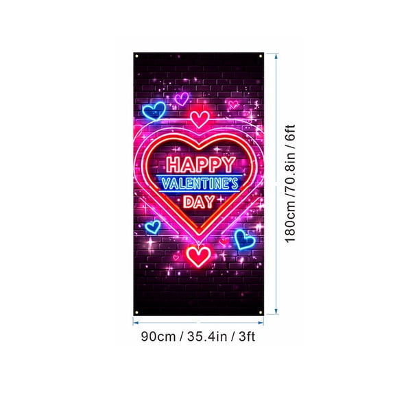 PpgejGEK Neon Valentine's Day Background Banner, Glowing Heart Party Decoration with "Happy Valentine's Day" Lettering, 6x3ft Fabric Photo Booth Backdrop for Celebrations and Proposals
