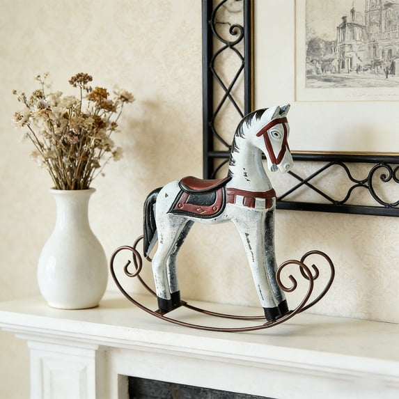 WWG Nordic Nostalgic Style Wooden Rocking Horse Table Decor, Pine Horse Figurine Home Decoration Craft, Vintage Desktop Ornament 9.45x9.06x1.97 Inches White Gray