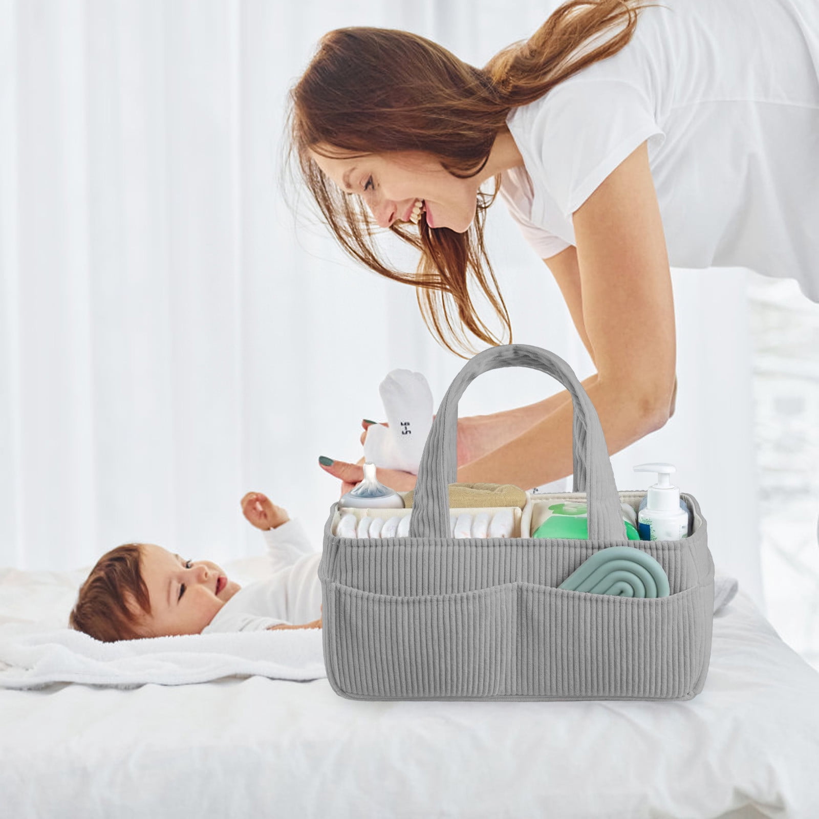 WWG Organization and Storage Caddy Organizer Baby Nappy Caddy Organizer Portable Corduroy Nursery Diaper Storage Basket with Handle for Newborn Shower Gift