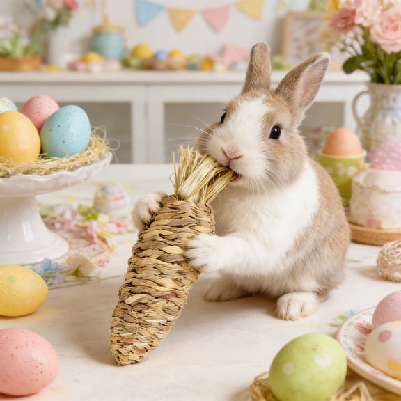 PpgejGEK Pet Rabbit Water Hyacinth Hand Woven Radish Chew Toy for Rabbits Chinchillas Guinea Pig Straw Carrot Easter Decoration and Molar Activity