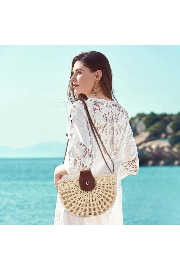 Rattan Straw Bag for Women Hand Woven Bohemian Beach Tote Shoulder Bag Semicircular Hollow Design Summer Festival Pool Party Clutch Purse