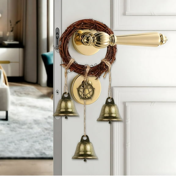 PpgejGEK Rattan Woven Ring Wall Hanging with Bell and Decorative Twine, Prayer and Blessing Door Handle Ornament for Home, Christmas Tree, and Spiritual Decor, Natural Boho Style