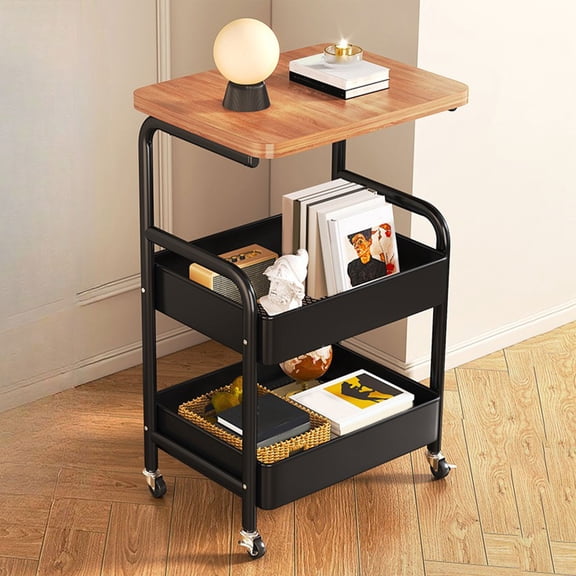 WWG Rolling Cart with Table, Sofa Side Table with Mesh Shelves and Open Storage, Mobile Nightstand Coffee Table, 30.31x16.93x11.81 inches, Wood and Carbon Steel, White