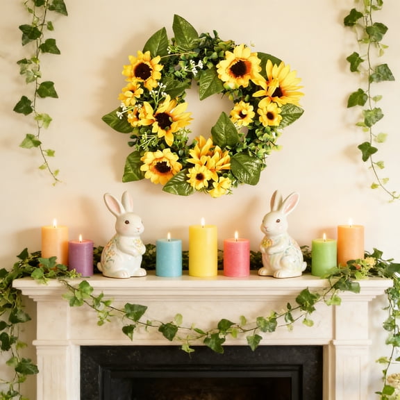 PpgejGEK Simulated Birds Egg and Leaf Wreath, Spring Easter Colorful Door Wall Decoration Festival Ring, Plastic Green Faux Floral Arrangement, 11.81-Inch Diameter