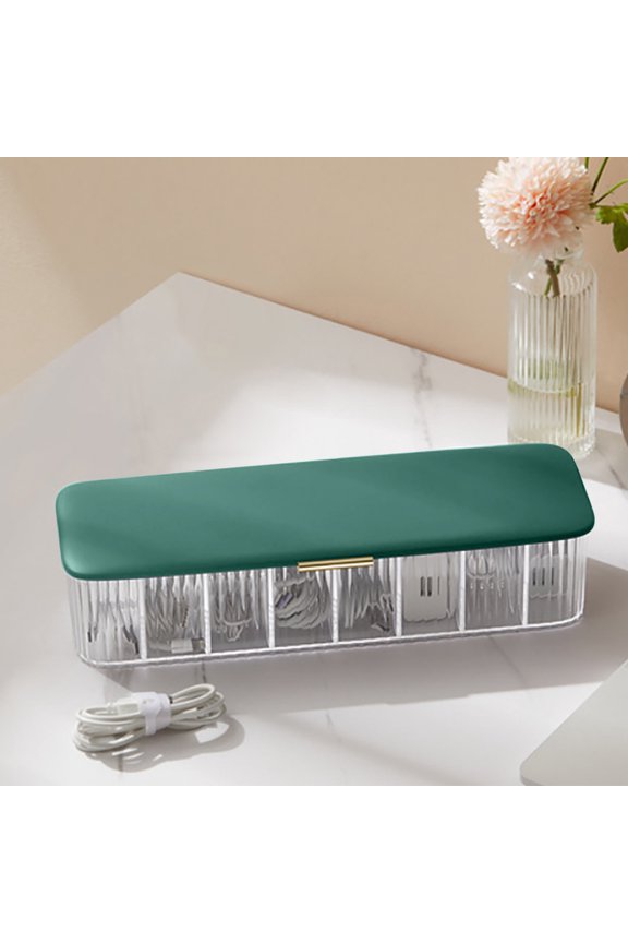 Transparent Plastic Charger Cord Organizer with Lid Data Cable Storage Box with 8 Compartments 11.3x3.9x2.95in for Electronics Accessories Home Office Desk