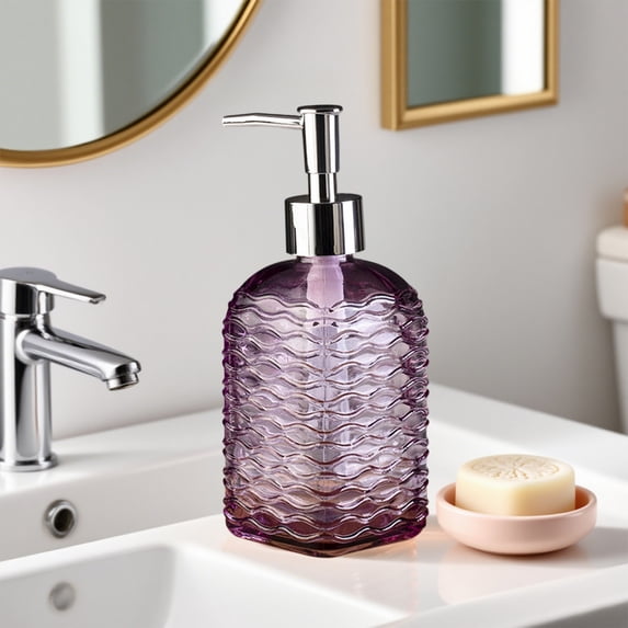 WWG Wave Pattern Glass Liquid Soap Bottle Press Dispenser 350ml 19x7cm 7.48x2.76in Refillable Container for Shampoo Shower Gel Hand Soap Kitchen Bathroom