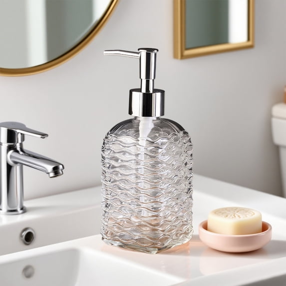 WWG Wave Pattern Glass Liquid Soap Bottle Press Dispenser 350ml 19x7cm 7.48x2.76in Refillable Container for Shampoo Shower Gel Hand Soap Kitchen Bathroom