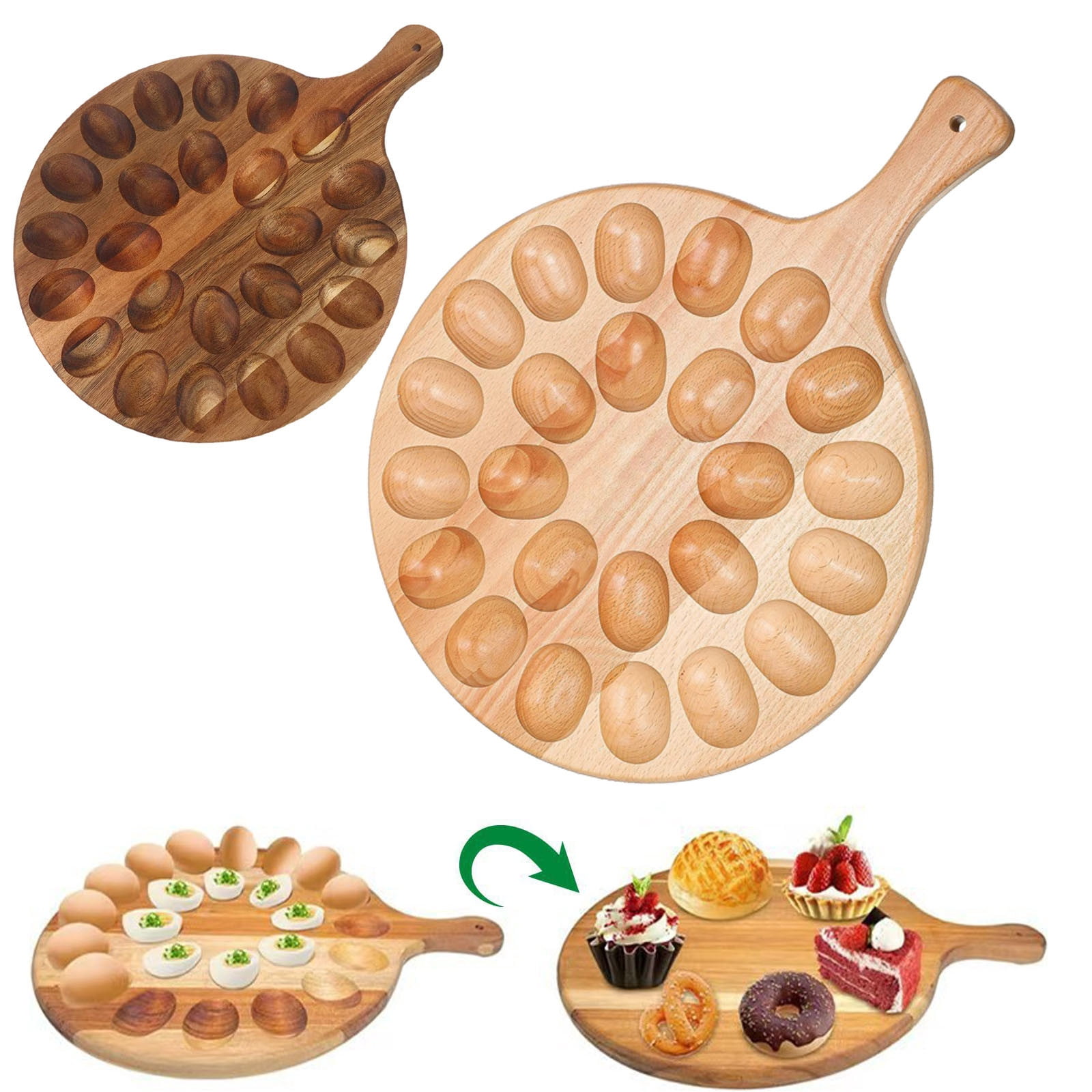 WWG Wooden Deviled Egg Platter 24 Hole Round Egg Tray Reversible Charcuterie Cheese Board for Easter Thanksgiving Christmas Kitchen
