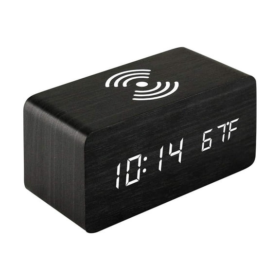 WWG Wooden Digital Alarm Clock with Wireless Charger 5W Bedside LED Display Temperature Snooze Function USB Powered 6.3 x 2.8 x 2.8 Inch