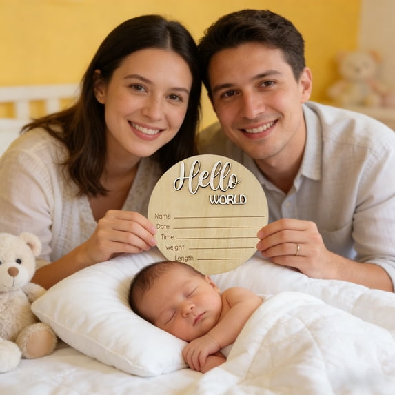 WWG Wooden Newborn Sign Birth Announcement Board, Nursery Decor Photo Prop for Baby Boys and Girls, Engraved Keepsake for Recording Name Date Weight, 5.9x5.9 Inches
