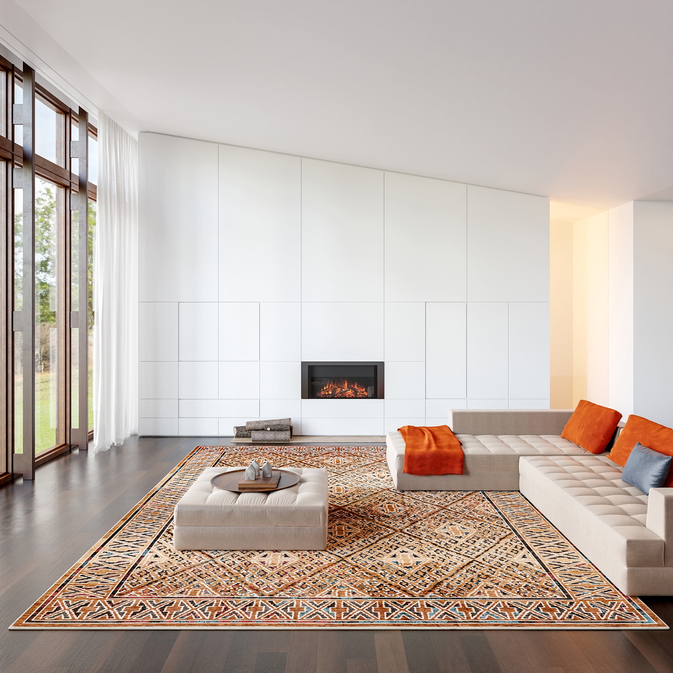 Bagmati Orange Geometric Washable Synthetic Area Rug