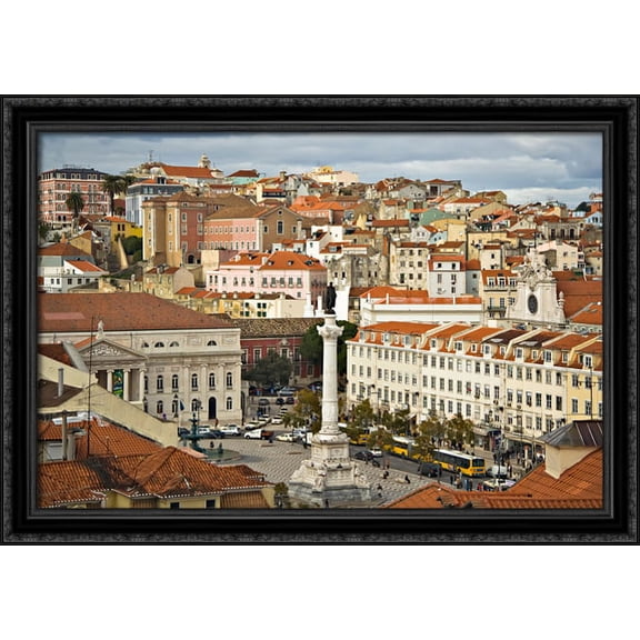 Praca don Pedro, Lisbon, Portugal 40x28 Large Black Ornate Wood Framed Canvas Art