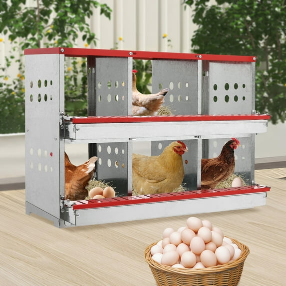 Practical 6-Compartment Chicken Nesting Box, Galvanized Steel, Freestanding, Perching Fence for Egg Safety, Rolling Design for Easy Use