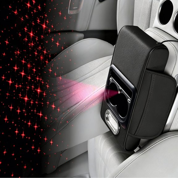 Practical Auto Center Console Holder Containing Two USB Outlets Memory Foam Padding And Decorative Light Effect