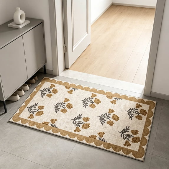Practical Dirt Trapping Entryway Doormat, Stain Resistant Design, Elegant Floral Front Door Carpet and Wavy Scalloped Border Rug