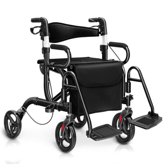 Practical Folding Rolling Walker Transport Wheelchair, 4 Wheels, Hand Brakes, 350 lbs Capacity