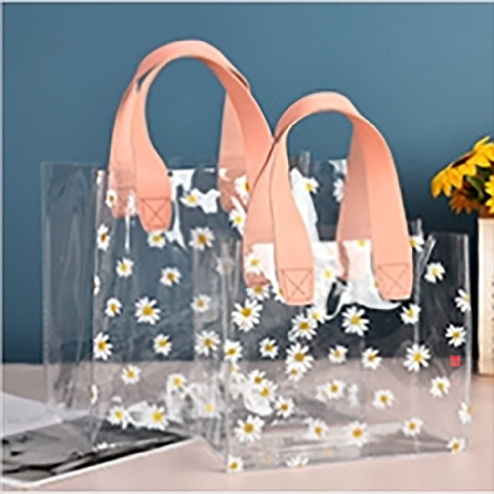 Practical Large Capacity Little Daisy Transparent PVC Clear Tote Bag Hand Gift Bag Waterproof Storage Bag Transparent Shopping Bags S PINK HANDLE