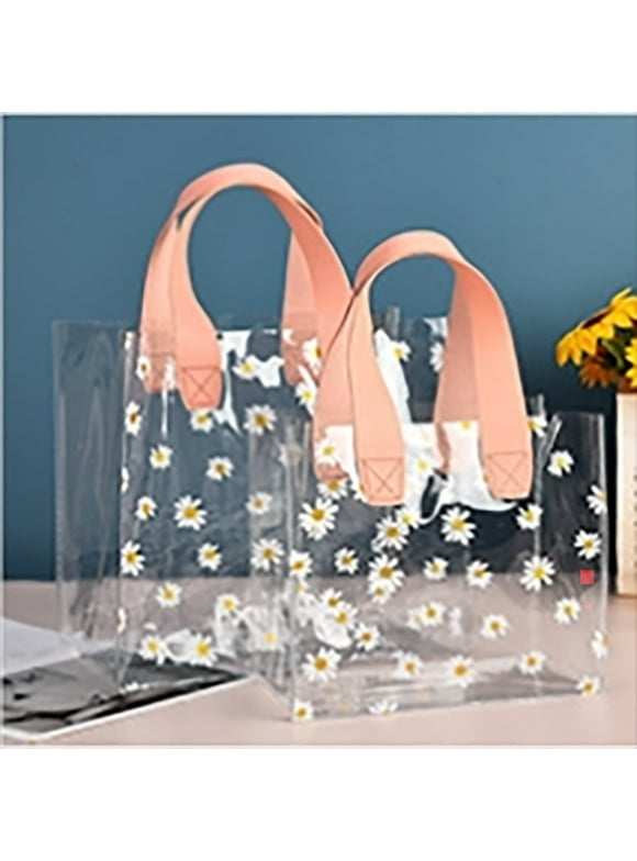 Practical Large Capacity Little Daisy  Transparent PVC Clear Tote Bag Hand Gift Bag Waterproof Storage Bag Transparent Shopping Bags S PINK HANDLE