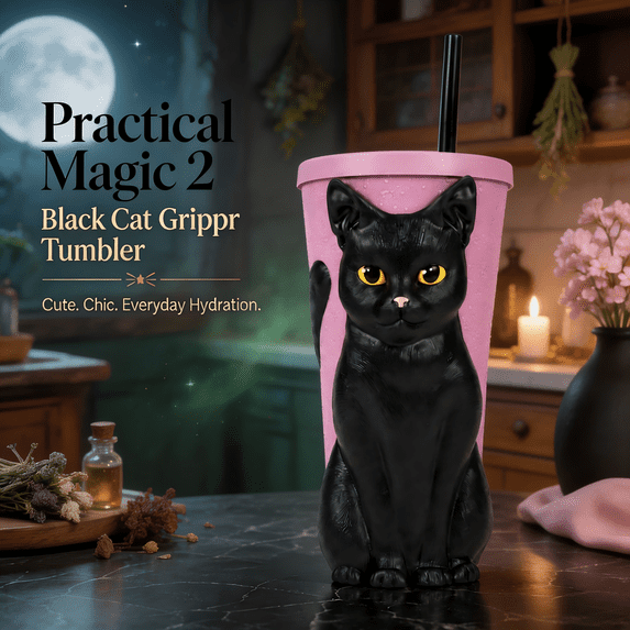 Practical Magic 2 Black Cat Grippr Tumbler with Straw, 3D Black Cat Novelty Drink Cup, Movie Inspired Beverage Tumbler for Party Gift for Home Desk Party Cat Lover Collector Gift