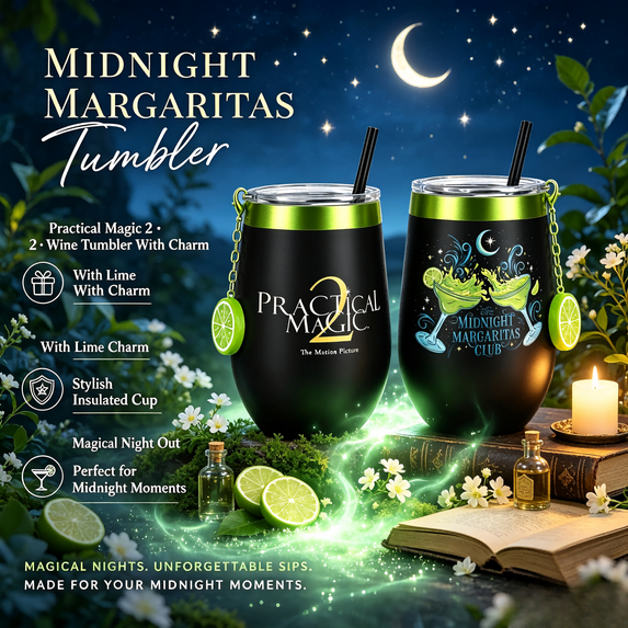 Practical Magic 2 Enamel Charm Tumbler, Insulated Stainless Steel Cup with Lid, Straw & Lime Charm, Midnight Margaritas Club Travel Tumbler for Home & Gift