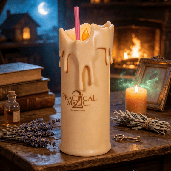 Practical Magic 2 Flicker Flame Candle Tumbler with Straw, Dripping Candle Style Novelty Drink Cup with Flame Detail, Movie Inspired Beverage Tumbler for Party Gift