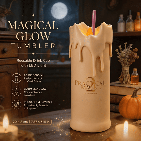 Practical Magic 2 Flicker Flame Candle Tumbler with Straw, Dripping Candle Style Novelty Drink Cup with Flame Detail, Inspired Beverage Tumbler for Halloween Gift