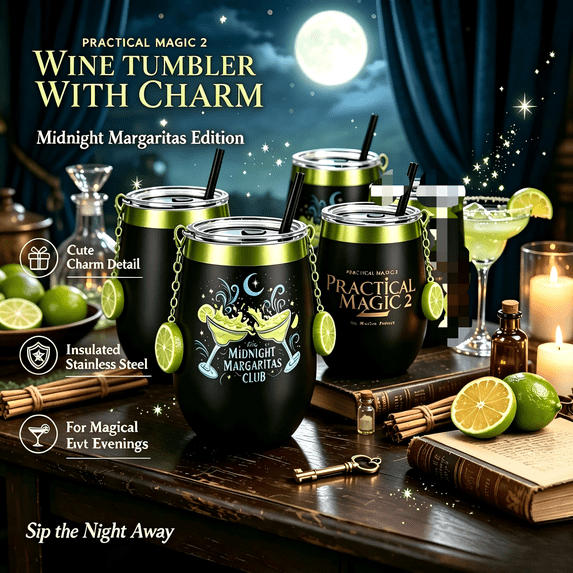 Practical Magic 2 Wine Tumbler With Charm Set Of 2, Insulated Stainless Steel Cup with Lid, Straw & Lime Charm, Midnight Margaritas Club Travel Tumbler, for Movie Night Party Gift