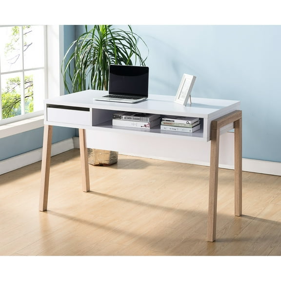 Practical Office Desk With Hidden Shelf, Drawer And /outlet - White Smart Shelve,