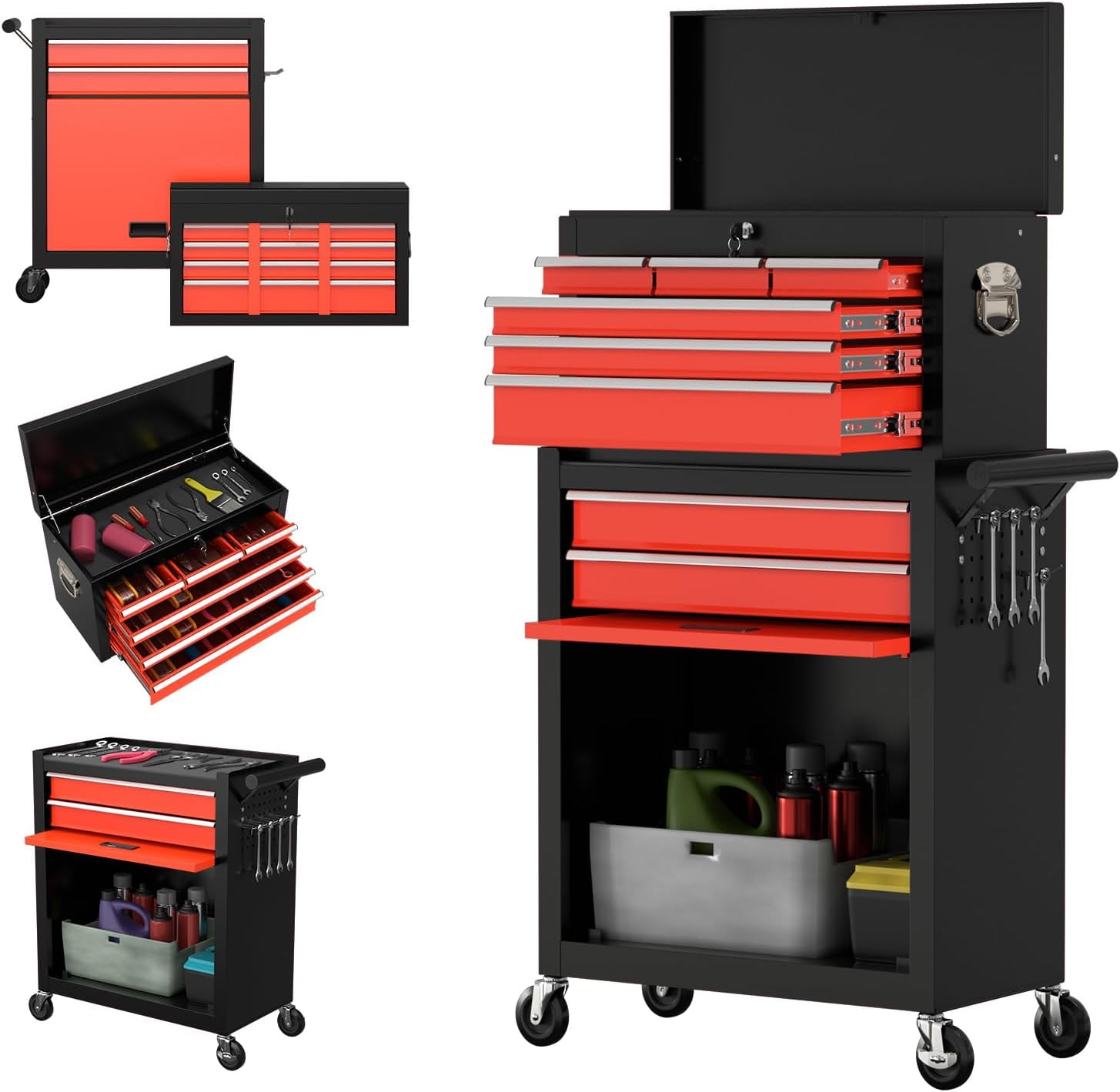 Practical Removable 8-Drawer Toolbox in Black and Red for Garage ...