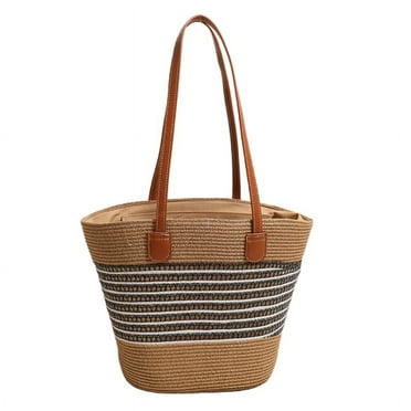 Practical Round Straw Bag Handwoven Beach Bag Large Capacity Shoulder Handbag
