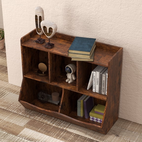 Practical Toy Storage Organizer and Bookshelf 5-Cubby Wooden Bookcase Cabinet for Toys and Books Multi-Shelf Storage Rack for Playroom Nursery Bedroom Hallway Entryway Classroom, Rustic Brown