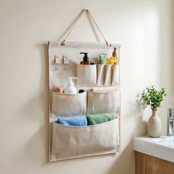 Practical Wall-Mounted Locker Organizer with Multiple Pockets, Jute Hanging Organizer, Waterproof Caddy for Kitchen and Bathroom Use