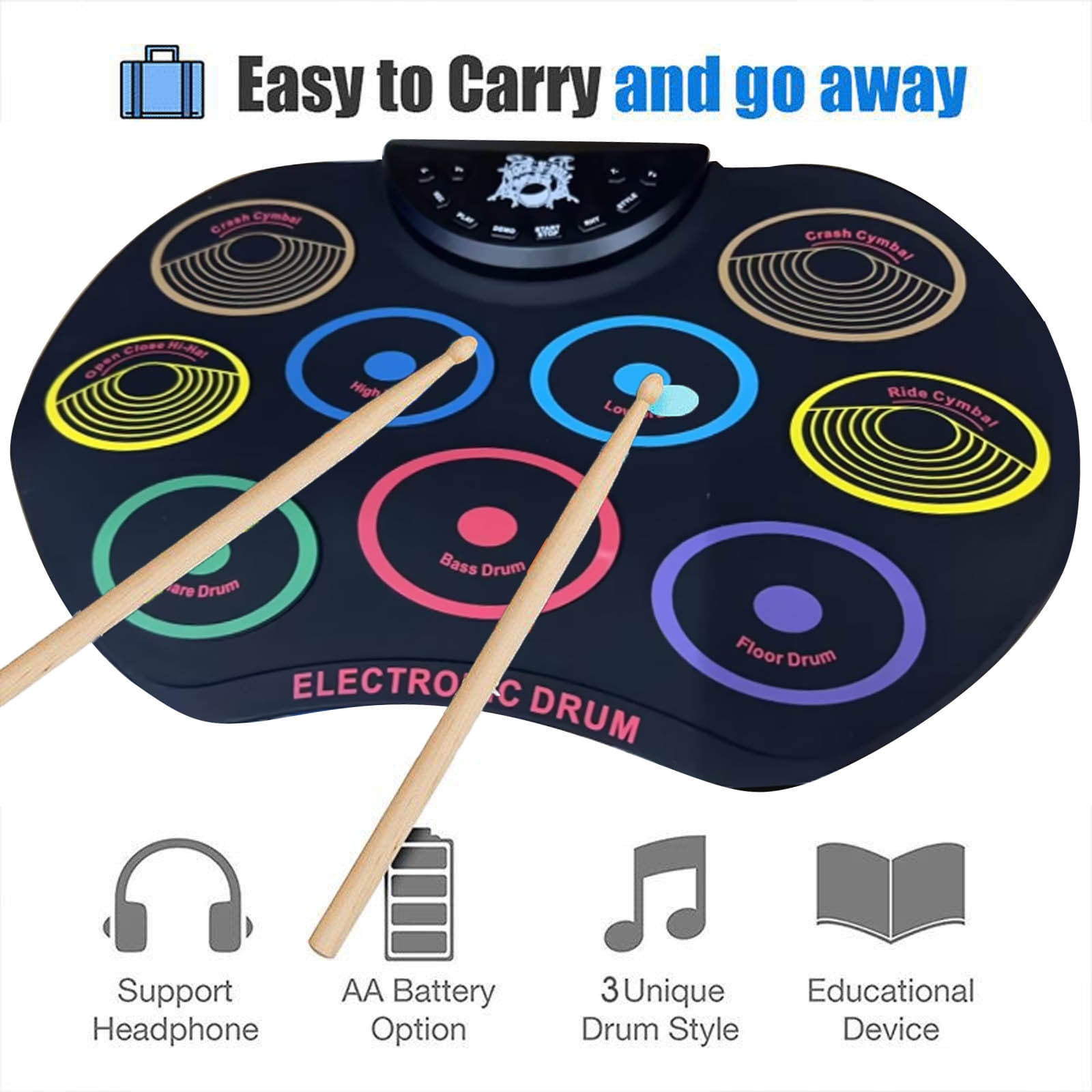 Practice Drum Pad Set Compact Size RollUp Drum Set Electronic Drum Kit