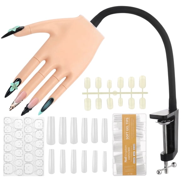 Practice Hand for Acrylic Nails, Silicone Fake Training Hand Practice Model, Nail Training Tool with Adjustable Stand & Detachable Fingers for Beginners, Includes 240 Clear Tips for DIY