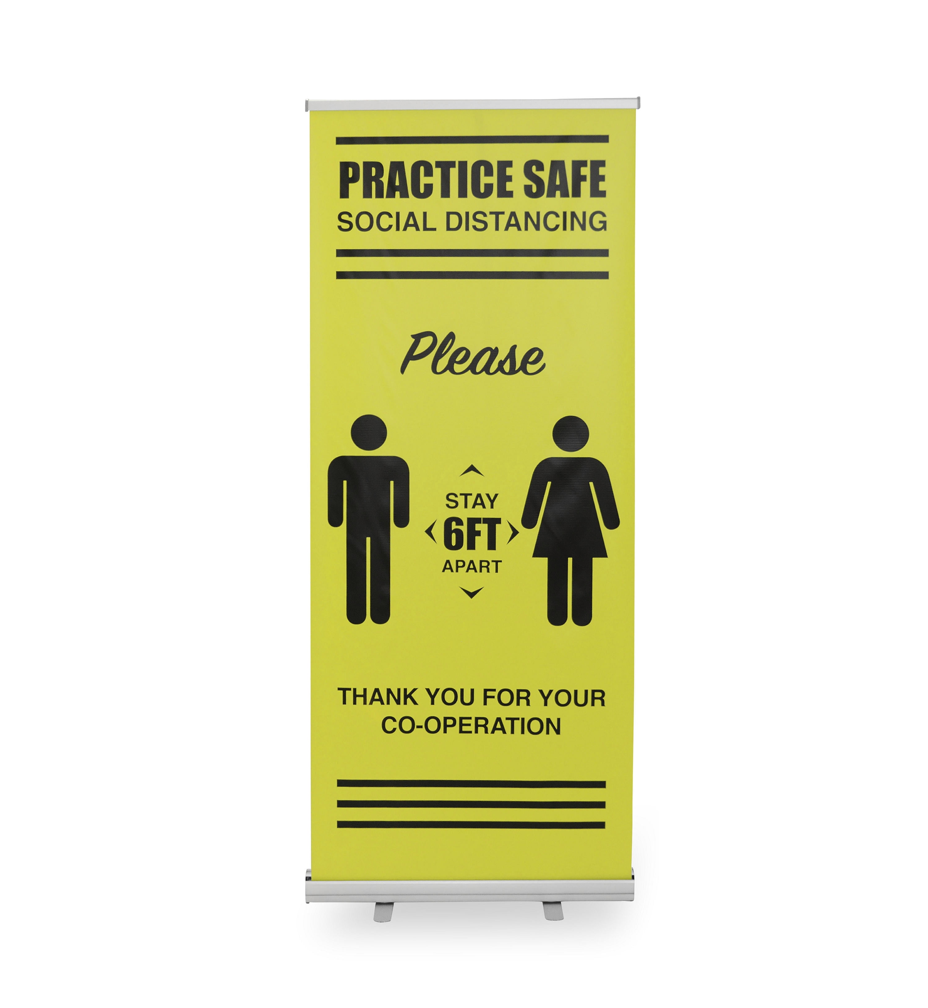"Practice Safe Social Distancing" vinyl Pull-Up Retractable Banner & stand - Yellow & Black 33L" x 15W" x 84H"